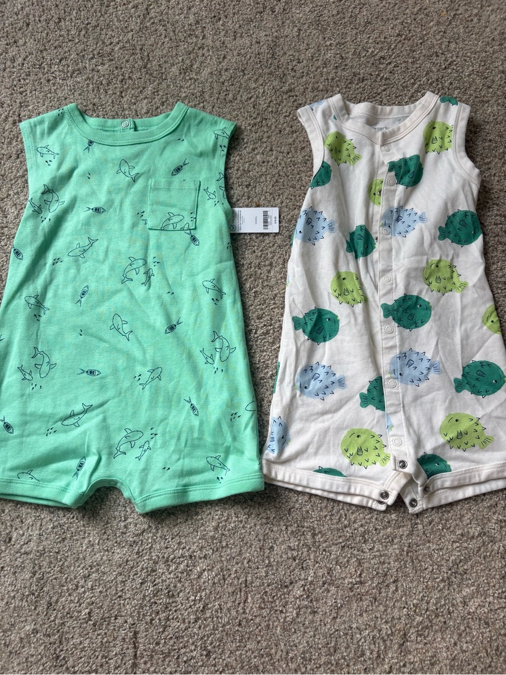 Carter’s Set of 2 Baby Rompers 24M Sleeveless Shark/Fish Green/White